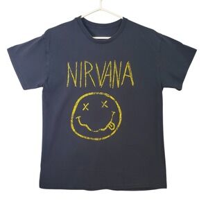 Nirvana Smiley Face Graphic T-Shirt Medium Black Short Sleeve Rock Grunge Tee